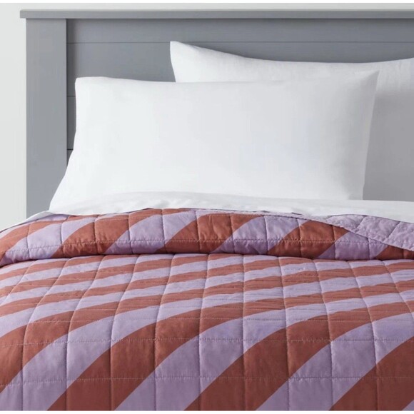 Twin Striped Kids' Quilt Purple/Brown - Box Stitch Microfiber - Pillowfort - Picture 1 of 8